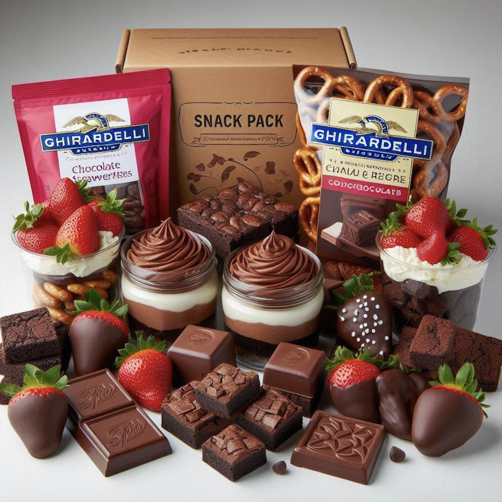 snack packs, chocolate lovers - chocolate mousse, chocolate covered strawberries, chocolate covered pretzels, brownie, ghirardelli dark chocolate square, chocolate biscotti, and chef’s choice chocolate dipped seasonal fruit